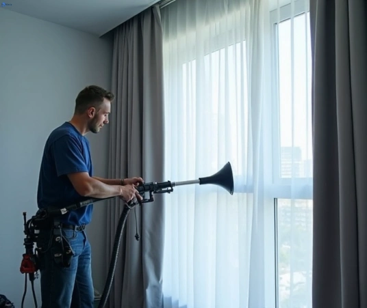 Professional drapes cleaning technician inspecting fabric drapes parkwood home